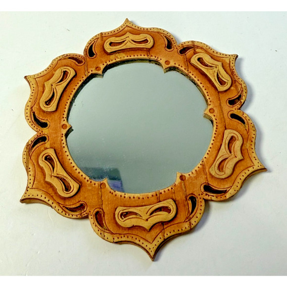 Vintage Handmade Russian Birch Wood Decorated Compact Mirror - Picture 1 of 4